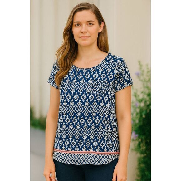 Saks Fifth Avenue Women’s Abstract Print Top Blue White Red Trim Size L - Picture 3 of 4